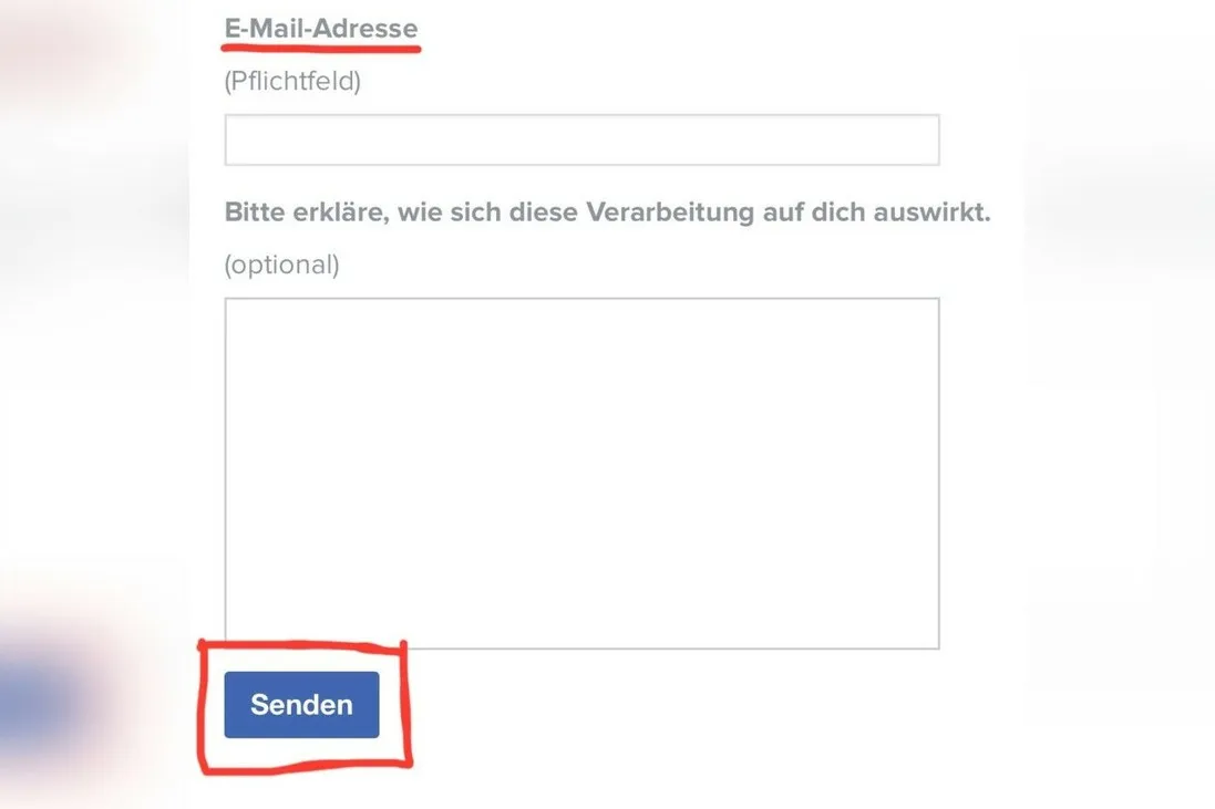 Screenshot eines Formulars mit unterstrichener E-Mail-Adresse, einem Textfeld und dem rot umrandeten Button „Senden“.